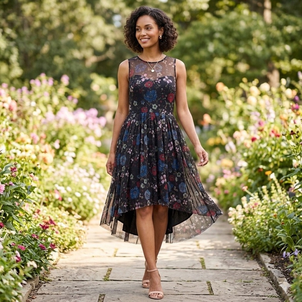 Black Floral Mesh‎ High Low Illusion Neck Sleeveless A-Line Party Dress Womens